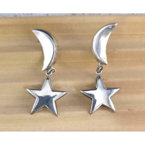 Vintage Sterling Silver Crescent Moon & Star Dangle Artisan Celestial Earrings - Picture 1 of 6